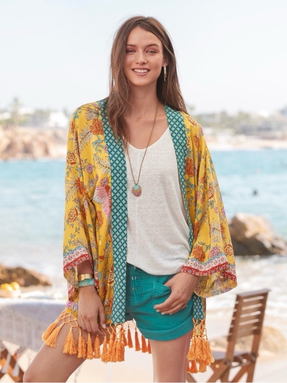 Sundance Yellow Floral Kimono with Teal Trim and Tassels